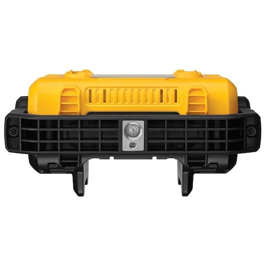 Front view of a rugged yellow and black portable hard drive case, featuring ventilation slots and a mounting mechanism.