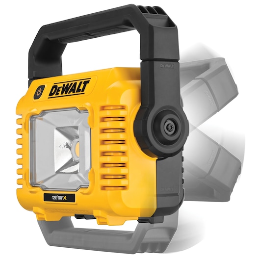A portable, yellow and black LED work light with a large handle and adjustable stand. The light has branding and a power button on the front, showing its 12V/18V XR compatibility.