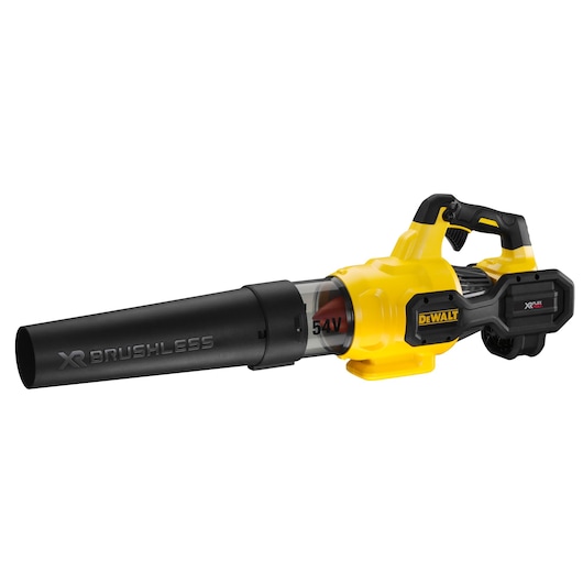 A yellow and black cordless leaf blower with 'XR Brushless' and 'DEWALT' branding visible on the side.