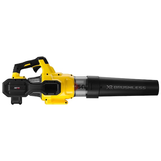 A yellow and black cordless leaf blower with 'XR Brushless' and '54V' visible on the side. The design features a clear tube section and ergonomic handle.