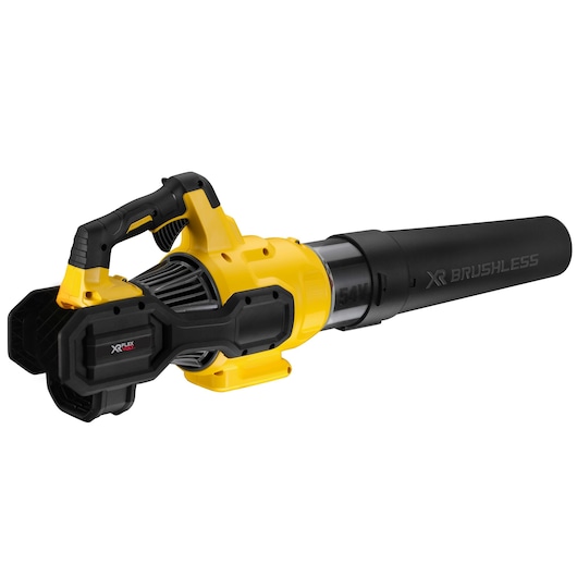 A yellow and black cordless leaf blower with a brushless motor, featuring a handle, a battery compartment labelled 'XR FLEXVOLT', and a long nozzle.