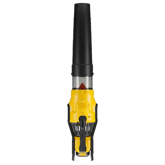Front view of a yellow and black handheld blower device with a narrow nozzle and ergonomic handle, placed against a white background.
