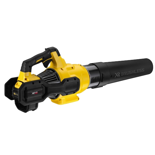 A yellow and black cordless leaf blower with a brushless motor, featuring a handle and a battery pack attached at the back. The blower tube is labeled 'XR Brushless'.
