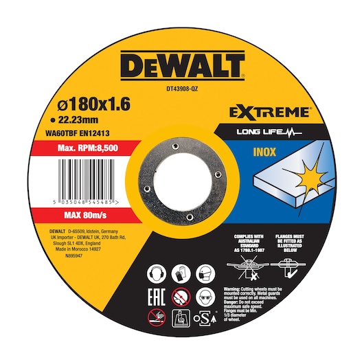 EXTREME 180 mm x 1,6 mm x 22,23 mm kappeskive for rustfritt stål/INOX