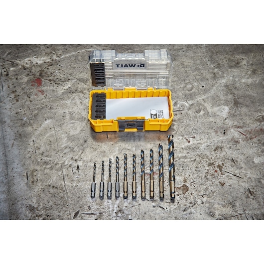 overhead shot of DEWALT 40 Piece Impact Screwdriver Bit Set with lid open, 10 drill bits out of the box