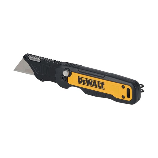 A DEWALT folding utility knife with a black and yellow handle and a sharp, exposed blade.