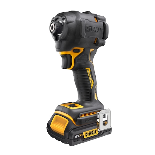 Cordless DEWALT 18V XR impact driver with black and yellow design, ergonomic grip and metal clip.