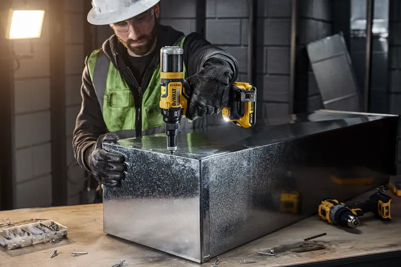 En person med sikkerhetsutstyr bruker en DEWALT DCF403NT batteridrevet verktøy for å arbeide på en metallboks i et industriverksted. Ulike skruer og verktøy er synlige på arbeidsbenken.