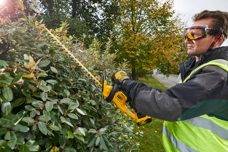 Photo of DEWALT hedge trimmer DCM563PB, DCM563PB-XJ used outdoors on bushes by worker in safety gear.