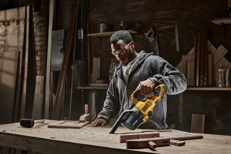 A person using a DEWALT portable vacuum cleaner model DCV501HB to clean sawdust from a workbench in a woodworking shop. Various tools and wooden pieces are visible on the table and shelves in the background.