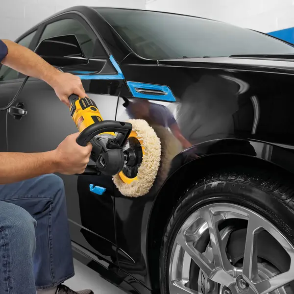Photo of DEWALT car polisher in use, SKUs DWP849X-B2, DWP849XB2, DWP849X-B3, DWP849X, DWP849X-AR on black car.